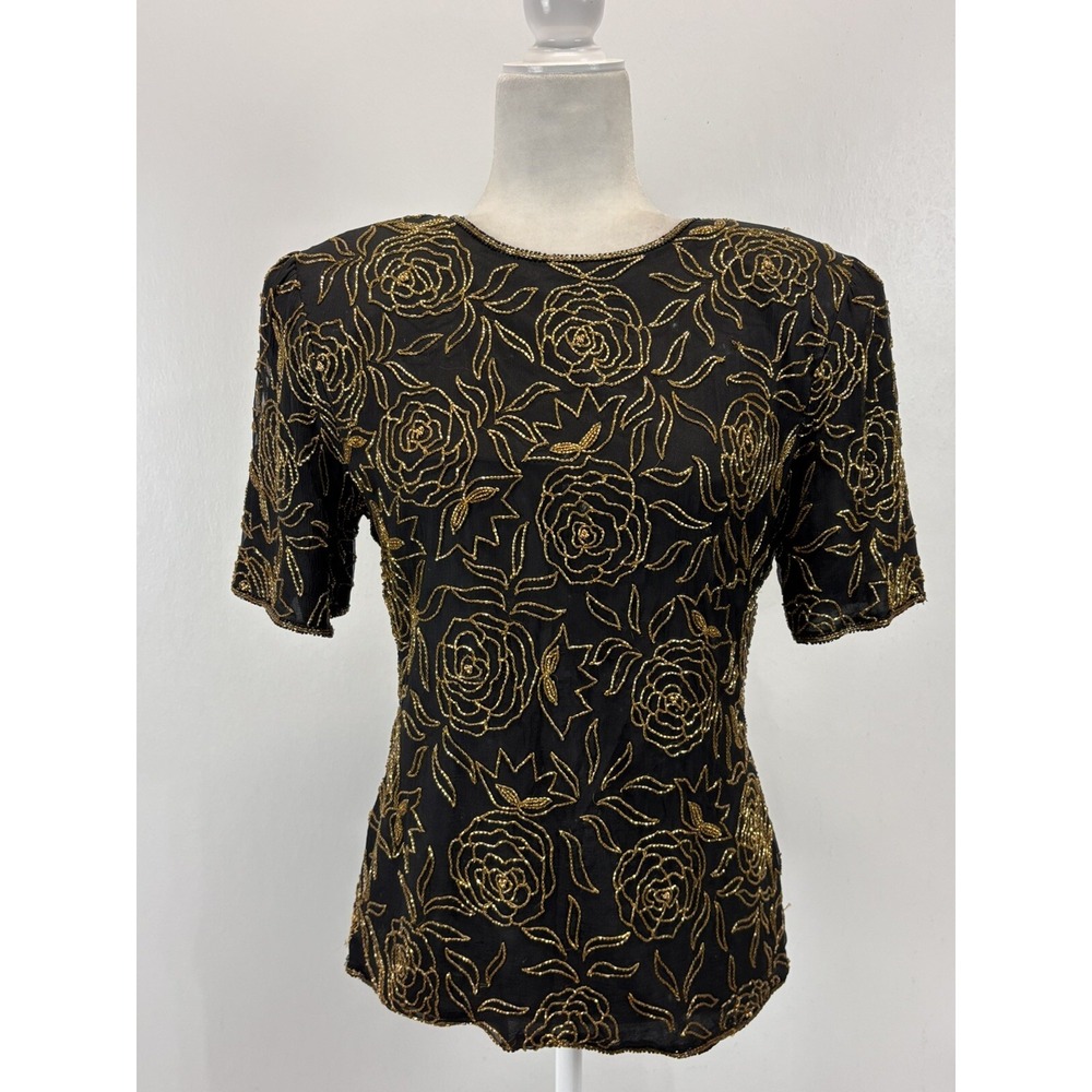 Vtg Stenay Sequin Blouse Shirt Sz Medium Women's Black Gold Roses Floral 80s